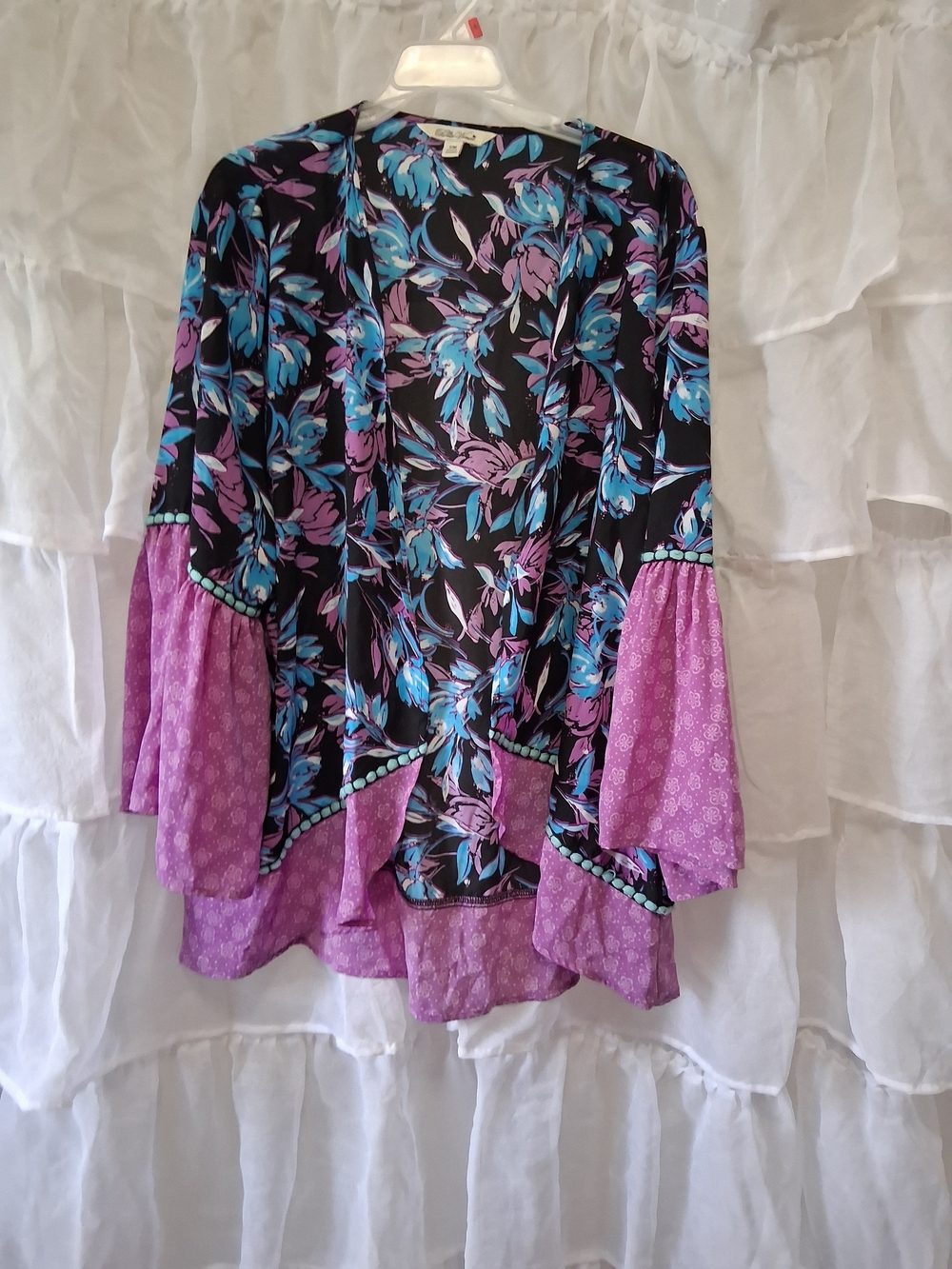 Boho The Pioneer Woman Black Floral Kimono with Purple Bell Sleeves